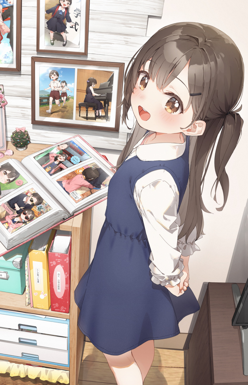 1girl, :d, arms_behind_back, backpack, bag, blue_dress, blush, brown_eyes