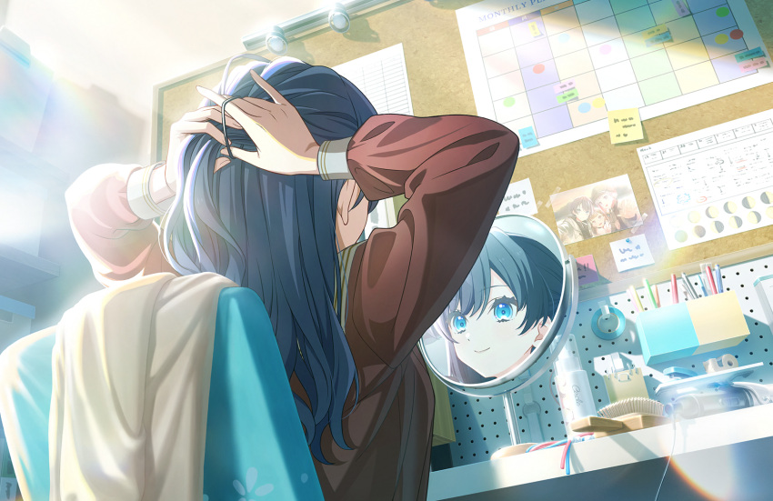 1girl, arms_up, blue_eyes, blue_hair, blue_ribbon, brown_cardigan, brown_dress, bulletin_board, cardigan, closed_mouth, cosmetics, dollchestra, dorm, dress, dutch_angle, from_behind, game_cg, hair_brush, half_updo, hasu_no_sora_school_uniform, highres, indoors, kachimachi_kosuzu, kachimachi_kosuzu_(winter_casual), link!_like!_love_live!, long_hair, long_sleeves, love_live!, mirror, moon_phases, morning, murano_sayaka, murano_sayaka_(winter_casual), non-web_source, official_art, photo_(object), red_ribbon, ribbon, sailor_collar, sailor_dress, school_uniform, sitting, smile, solo, sticky_note, tape, timetable, tying_hair, unworn_cardigan, virtual_youtuber, white_sailor_collar, winter_uniform, yugiri_tsuzuri, yugiri_tsuzuri_(winter_casual)