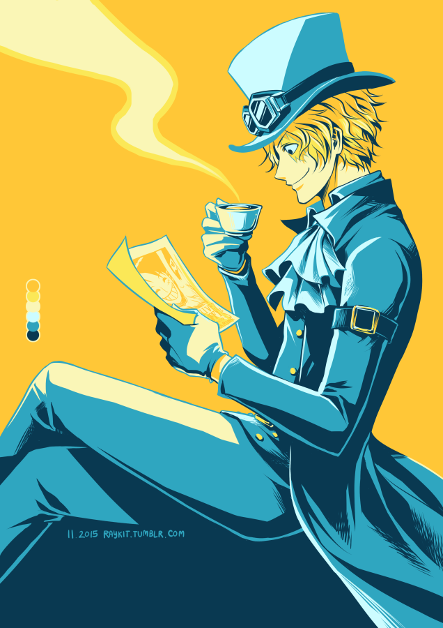 1boy, armlet, ascot, blonde_hair, crossed_legs, cup, goggles, goggles_on_headwear