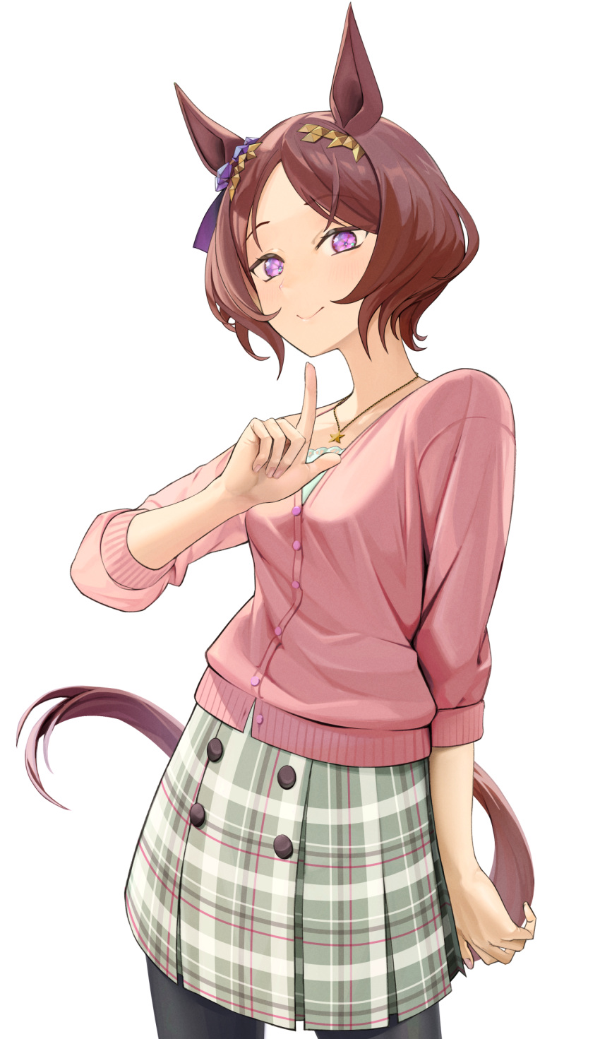 1girl, animal_ears, black_pantyhose, brown_hair, flower_in_eye, highres, horse_ears, horse_girl