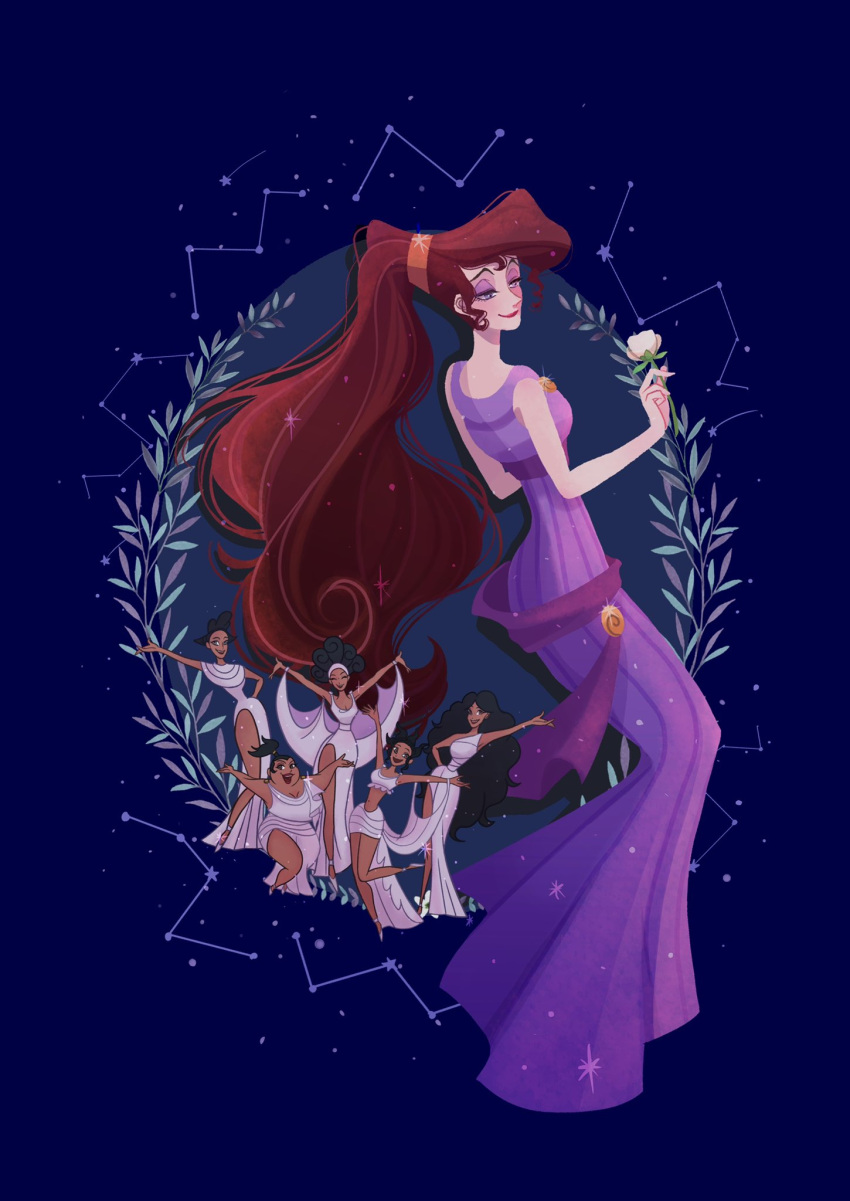6+girls, calliope_(disney), clio_(disney), commentary, dress, english_commentary, flower, full_body