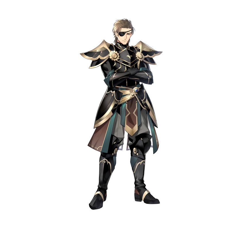 1boy, absurdres, armor, artist_request, brown_hair, commentary_request, crossed_arms, eyepatch