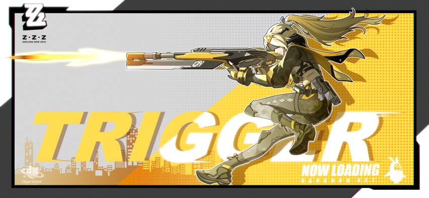 1girl, blonde_hair, clear_water, english_text, fingerless_gloves, firing, gloves, gun, highres, holding, holding_gun, holding_weapon, jacket, long_hair, official_art, official_wallpaper, pants, ponytail, rifle, scarf, scope, shoes, sniper_rifle, solo, trigger_(zenless_zone_zero), weapon, zenless_zone_zero