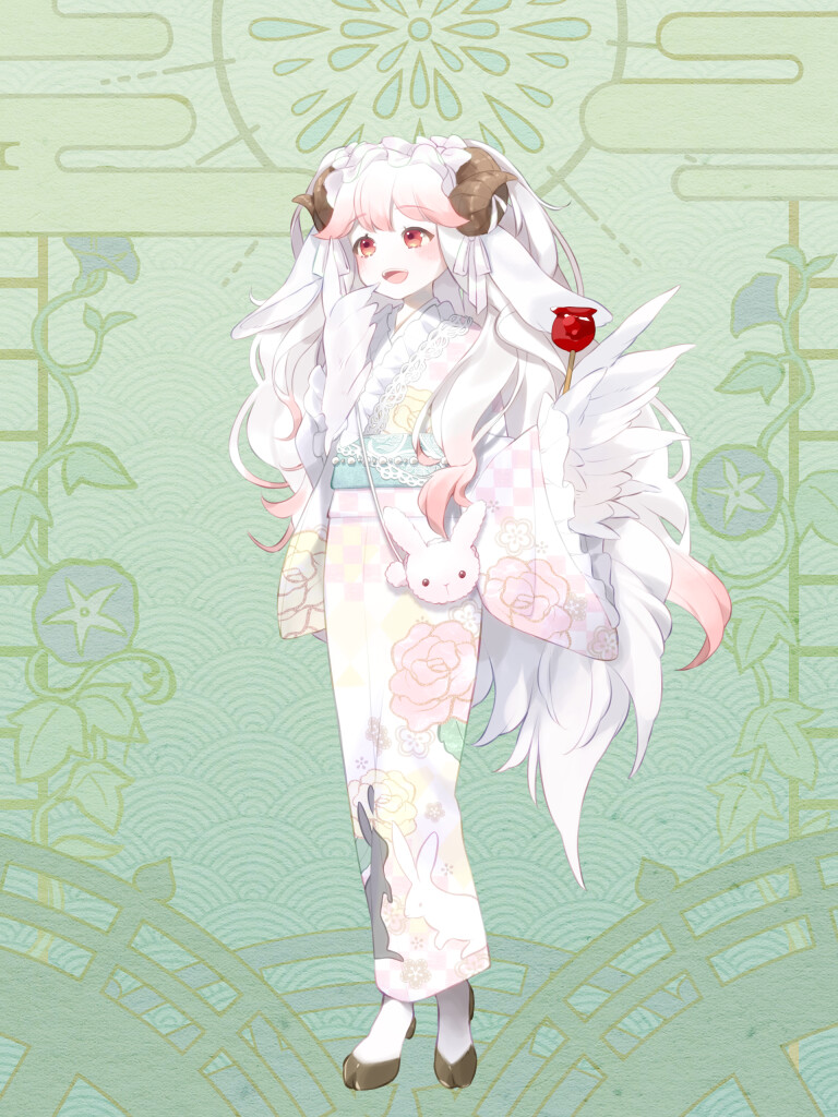 1girl, :d, animal_print, bag, brown_horns, candy_apple, curled_horns, dairoku_ryouhei