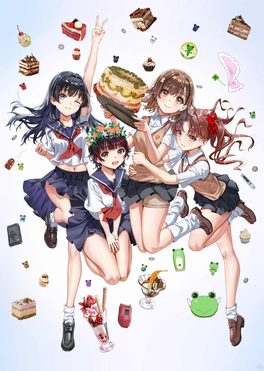 4girls, absurdres, birthday, birthday_cake, black_hair, black_shoes, blue_sailor_collar, blue_skirt
