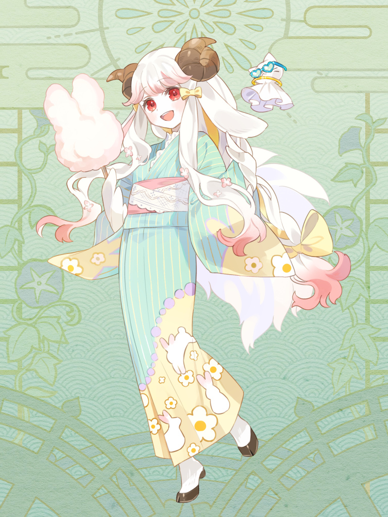 1girl, :d, bow, brown_horns, cotton_candy, curled_horns, dairoku_ryouhei, feathered_wings