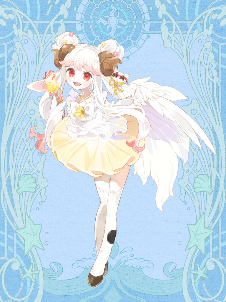 1girl, :d, bell, blue_background, bow, brown_horns, curled_horns, dairoku_ryouhei