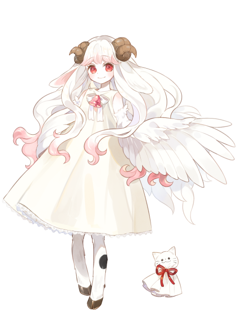 1girl, brown_horns, cat, curled_horns, dairoku_ryouhei, dress, full_body, hooves