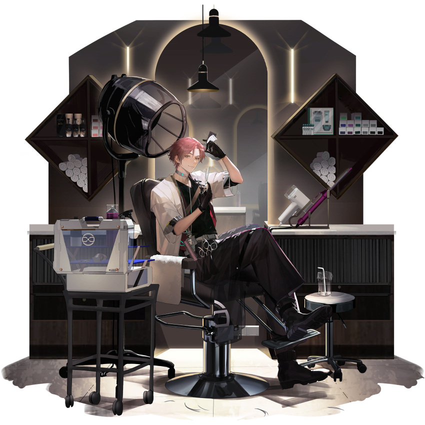 1boy, apron, barber, barber_shop, black_apron, black_boots, black_gloves, black_pants, black_shirt, boots, cabinet, damingshimingyan, faux_figurine, full_body, game_cg, girls'_frontline_neural_cloud, girls_frontline, gloves, hair_curl, hair_dryer, highres, jacket, lanyard, looking_at_viewer, official_art, on_chair, pants, pink_hair, red_vest, scissors, shirt, sitting, solo, third-party_source, tony_(neural_cloud), towel, transparent_background, vest, white_jacket