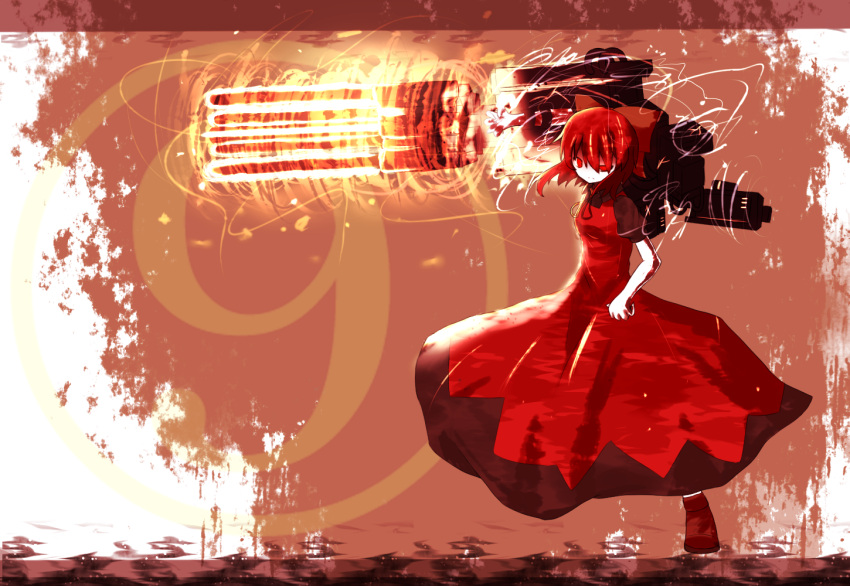 1girl, arm_mounted_weapon, armored_core, armored_core_v, black_shirt, circled_9, cirno, dress, gaius_(nikoniko2), glowing, glowing_weapon, grind_blade_(armored_core), looking_at_viewer, nineball=cirno, pinafore_dress, puffy_short_sleeves, puffy_sleeves, red_eyes, red_hair, shirt, short_sleeves, sleeveless, sleeveless_dress, solo, touhou, two-tone_dress, weapon