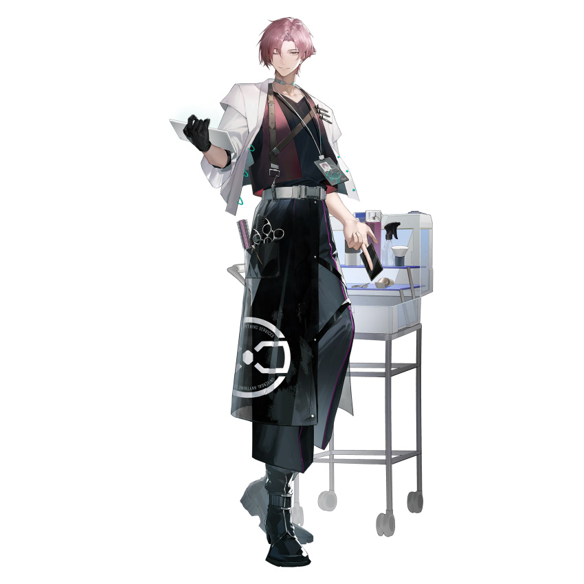 1boy, apron, barber, black_apron, black_boots, black_gloves, black_pants, black_shirt