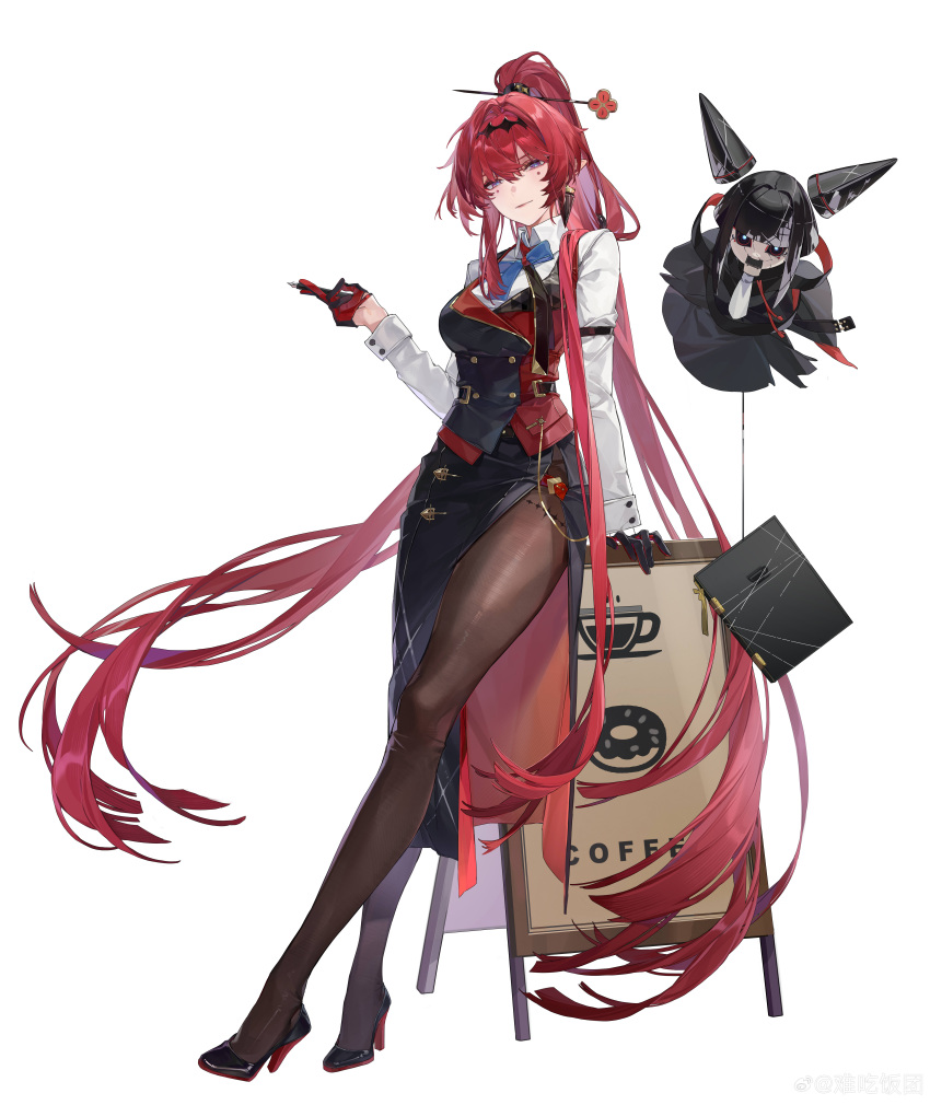 1girl, absurdres, black_gloves, black_hairband, black_pantyhose, black_shoes, black_vest, breasts, chinese_hairpin, closed_mouth, collared_shirt, crossed_legs, flower_hairpin, full_body, gloves, hairband, half-closed_eyes, hand_up, high_heels, high_ponytail, highres, leaning_on_object, long_hair, long_skirt, long_sleeves, looking_at_viewer, mark_under_both_eyes, medium_breasts, nanchi_fantuan, official_alternate_costume, official_art, pantyhose, ponytail, red_hair, sandwich_board, shirt, shoes, side_slit, skirt, smile, solo, standing, tachi-e, very_long_hair, vest, violet_eyes, waistcoat, watermark, weibo_username, weibo_watermark, white_background, white_shirt, wuthering_waves, yinlin_(wuthering_waves), zapstring_(wuthering_waves)