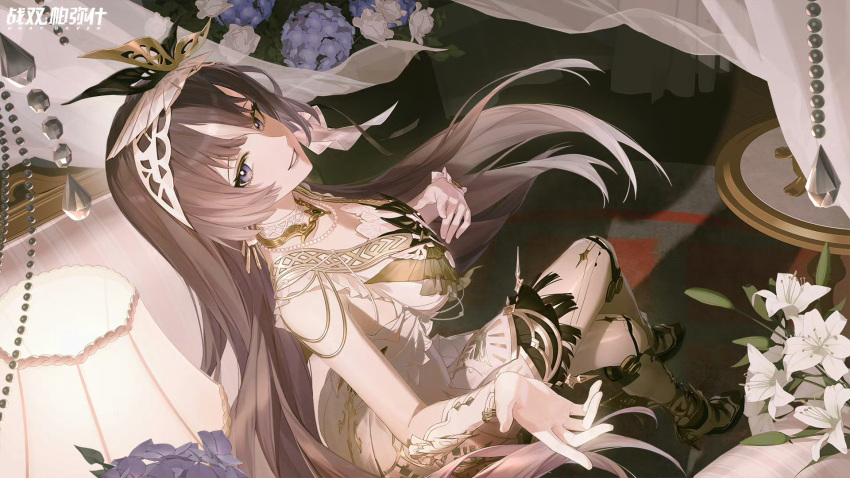 1girl, breasts, brown_hair, copyright_name, flower, from_above, headdress, highres