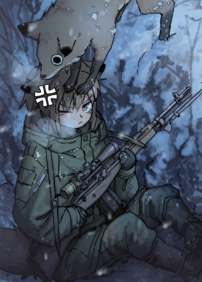 1girl, absurdres, animal_ears, battle_rifle, brown_eyes, brown_hair, camouflage, camouflage_pants