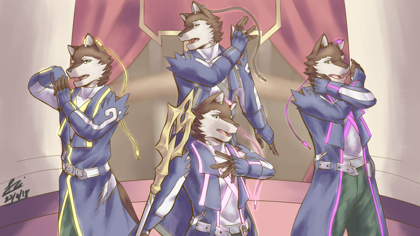 1boy, absurdres, animal_ears, audio_jack, blazeking-01, blue_jacket, brown_fur, dancing, dated, derivative_work, dog_boy, dog_ears, dog_nose, dog_tail, english_commentary, fangs, fingerless_gloves, fire_emblem, fire_emblem_fates, fire_emblem_heroes, furry, furry_male, gloves, highres, holding, holding_polearm, holding_weapon, jacket, looking_at_viewer, looking_to_the_side, male_focus, multiple_views, music, open_mouth, polearm, rouon_aro, signature, singing, tail, utau, weapon
