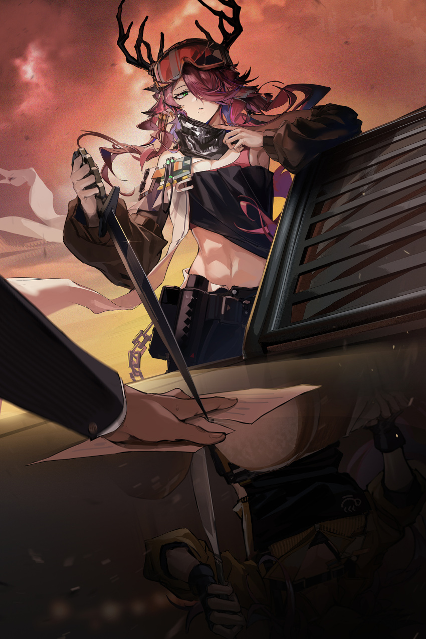 1boy, 1girl, arknights, bare_shoulders, black_skirt, breasts, coldshot_(arknights), coldshot_(dawnbreak)_(arknights)