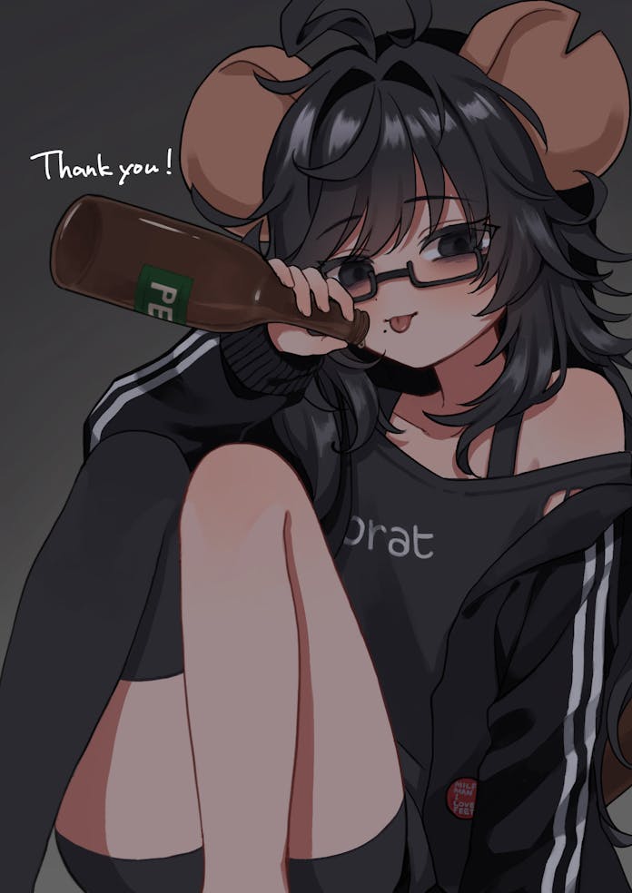 1girl, ahoge, animal_ears, badge, bags_under_eyes, beer_bottle, black-framed_eyewear, black_eyes