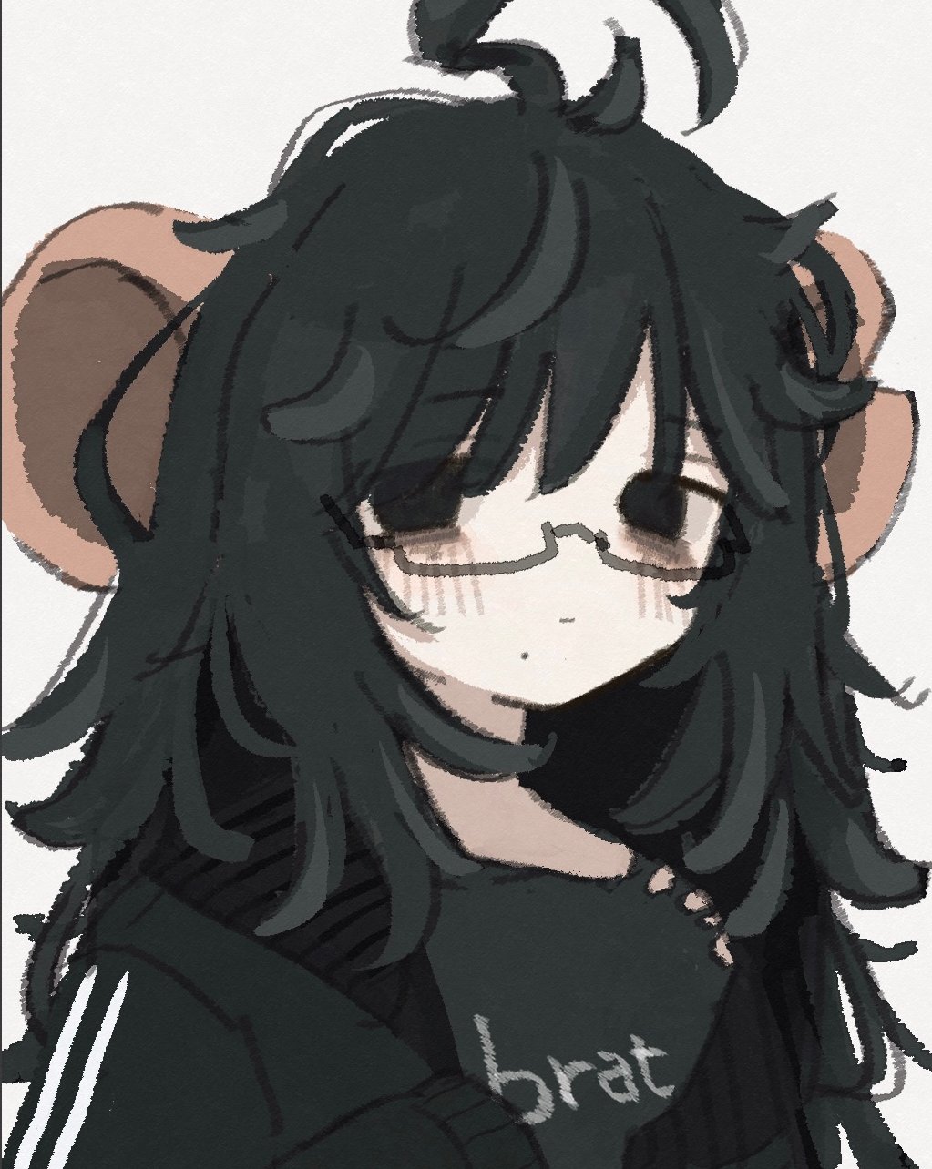 1girl, ahoge, animal_ears, bad_link, bags_under_eyes, black-framed_eyewear, black_eyes, black_hair