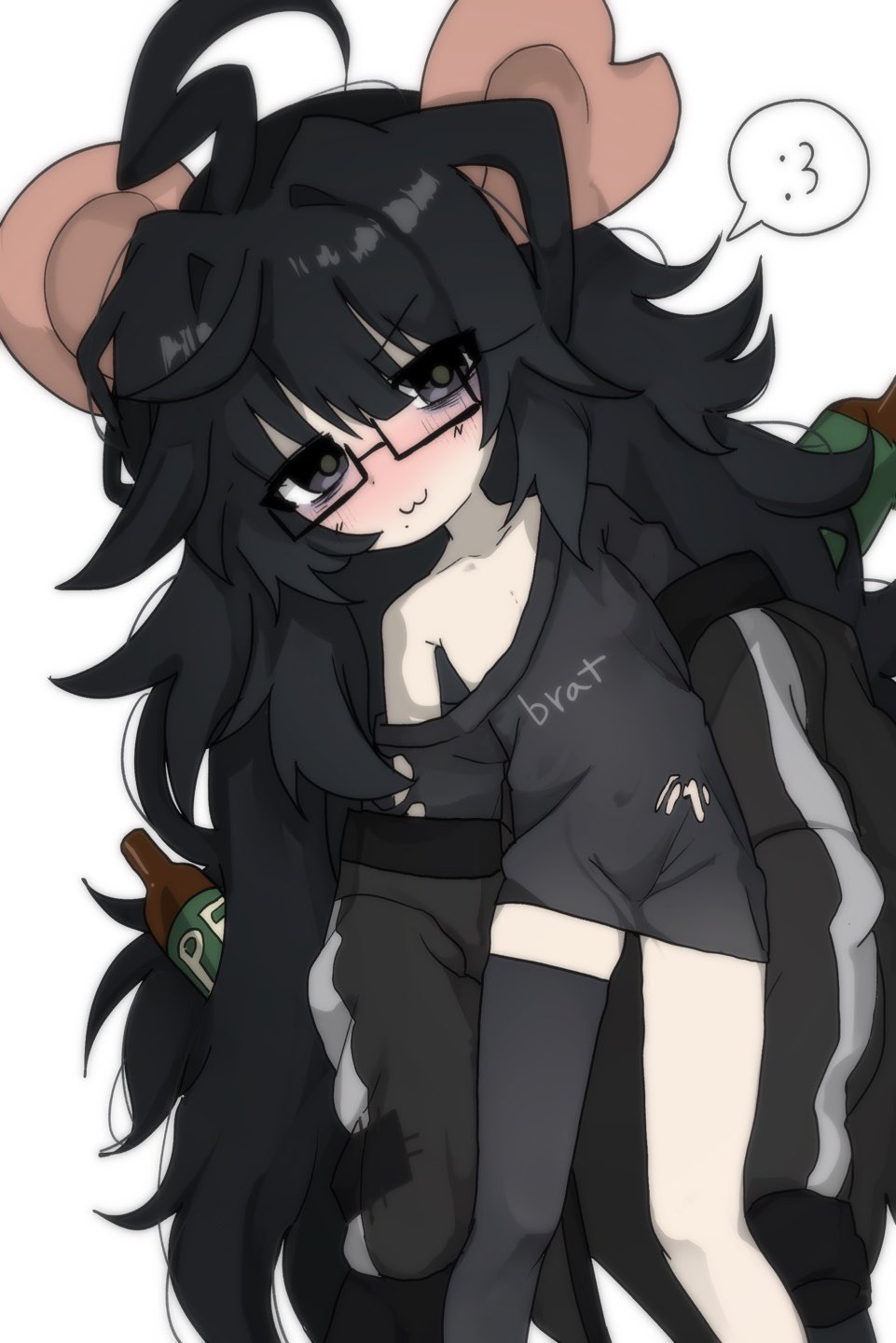 1girl, ahoge, animal_ears, bad_link, bags_under_eyes, beer_bottle, black-framed_eyewear, black_eyes
