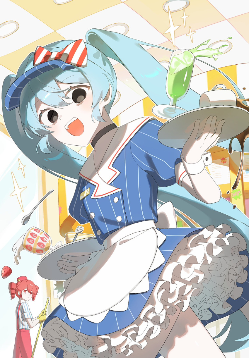 2girls, alternate_costume, alternate_eye_color, apron, black_choker, black_eyes, blue_dress, blue_hair, buttons, ceiling, ceiling_light, choker, cup, double-breasted, dress, flat_chest, food, fruit, glass, gloves, hair_between_eyes, hatsune_miku, highres, holding, holding_plate, ice_cream_cup, indoors, jjeogi38, kasane_teto, layered_dress, long_hair, looking_at_another, looking_at_viewer, mesmerizer_(vocaloid), multiple_girls, open_mouth, pinstripe_dress, pinstripe_pattern, plate, poster_(object), red_eyes, red_hair, restaurant, short_dress, short_sleeves, spork, strawberry, suspenders, sweatdrop, teeth, twintails, upper_teeth_only, utau, very_long_hair, vocaloid, waist_apron, white_apron, white_dress, white_wrist_cuffs, wrist_cuffs, yellow_gloves
