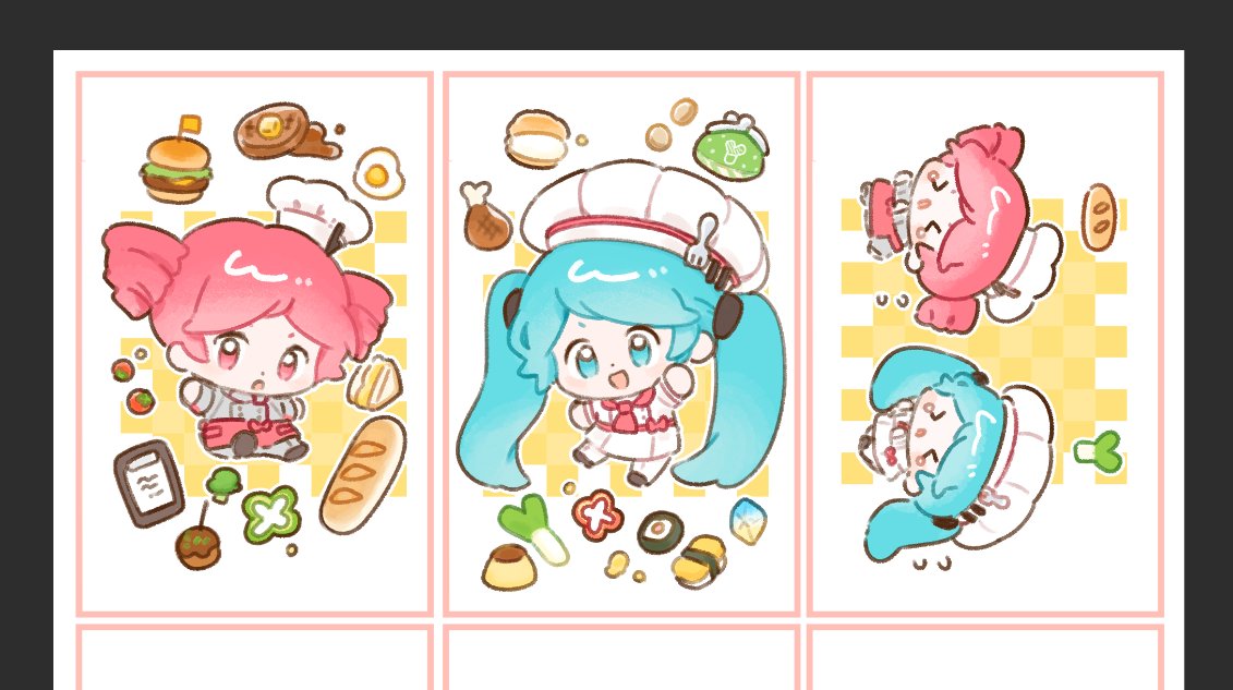 >_<, alternate_costume, alternate_hairstyle, apron, baguette, black_shoes, bread, broccoli