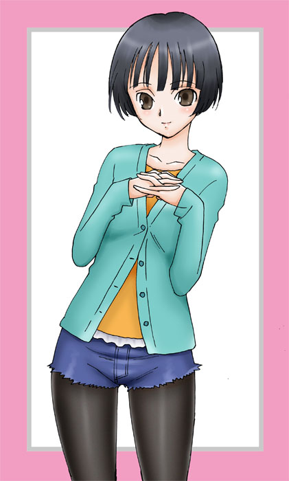 black_legwear, black_pantyhose, blush, brown_eyes, casual, denim, fashion, kobayakawa_rinko