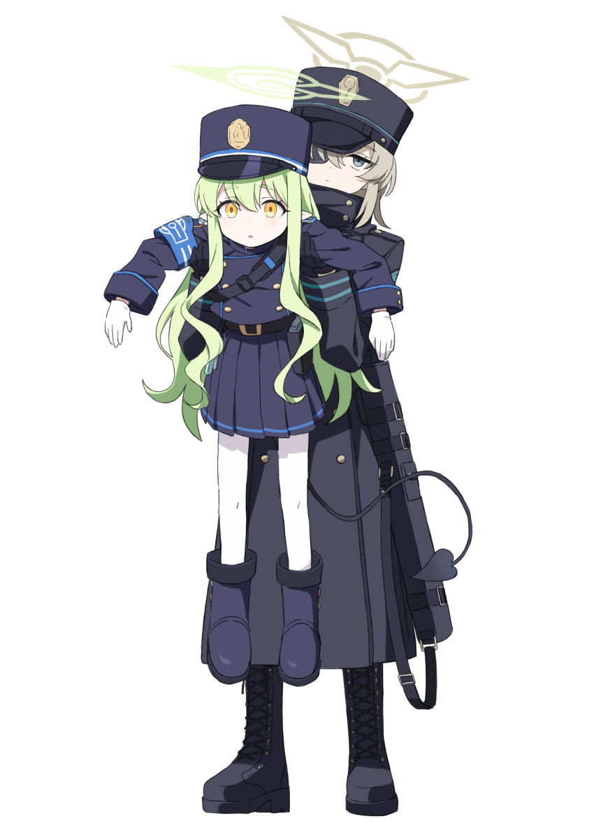 2girls, absurdres, armband, black_dress, black_hat, black_skirt, black_tail, blue_archive