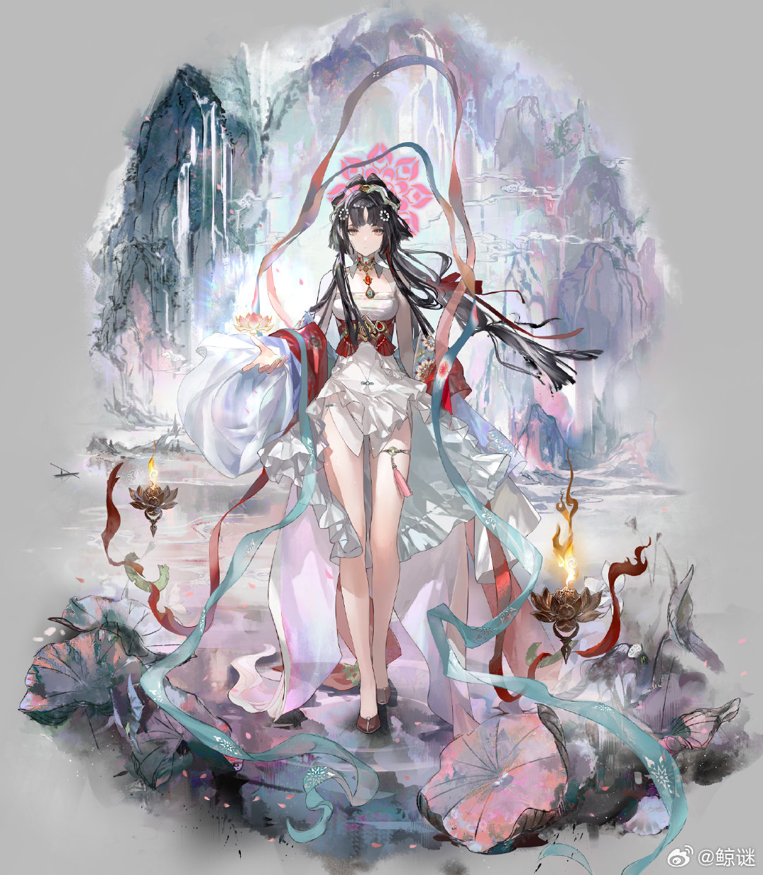 1girl, black_hair, dress, echoes_of_vision, fire, flower, full_body, hagoromo, highres, jingmi, long_hair, longg_hair, looking_at_viewer, lotus, mountainous_horizon, official_alternate_costume, official_art, ripples, shawl, solo, thigh_strap, walking, walking_on_liquid, water, watermark, weibo_username, weibo_watermark, white_dress, yellow_eyes, yingmei_(echoes_of_vision)