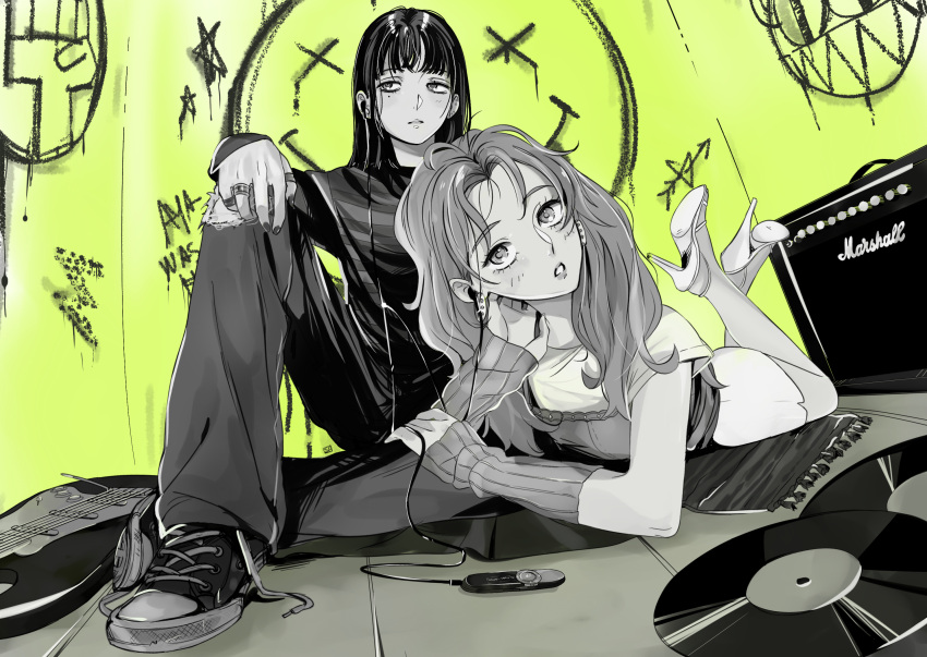 2girls, amplifier, arm_warmers, arrow_through_heart, blush, commentary, digital_media_player, earphones, electric_guitar, feet_up, full_body, graffiti, greyscale_with_colored_background, guitar, hand_on_own_knee, high_heels, highres, instrument, jewelry, kininatteru_hito_ga_otoko_ja_nakatta, knee_up, koga_mitsuki, long_hair, looking_to_the_side, lying, marshall_amplification, mole, mole_under_eye, multiple_girls, multiple_rings, nirvana_(band), on_floor, on_stomach, oosawa_aya, pants, parted_lips, radiohead_(band), record, ring, shared_earphones, shizuka_(tohrkgk), shoes, short_sleeves, sitting, skirt, sneakers, star_(symbol), the_pose, tomboy, torn_clothes, torn_pants, untied_shoelaces