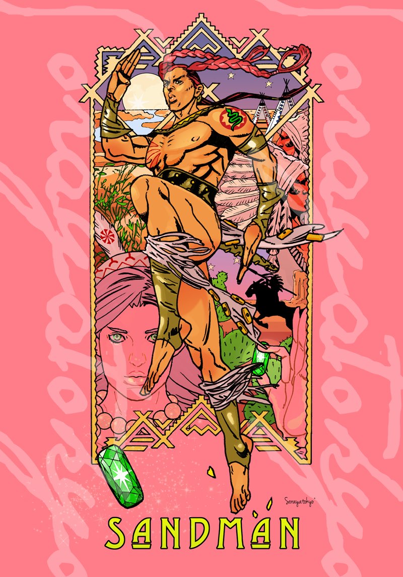 1boy, 1girl, arm_tattoo, barefoot, belt, bracer, braid, character_name, full_body, gem, green_eyes, green_gemstone, indian, jewelry, jojo_no_kimyou_na_bouken, long_hair, male_focus, muscular, muscular_male, necklace, nipples, pink_background, pink_hair, red_hair, sandman's_sister_(sbr), sandman_(sbr), silhouette, snake_tattoo, steel_ball_run, tanaka_kaori, tattoo, twin_braids, vambraces, weapon