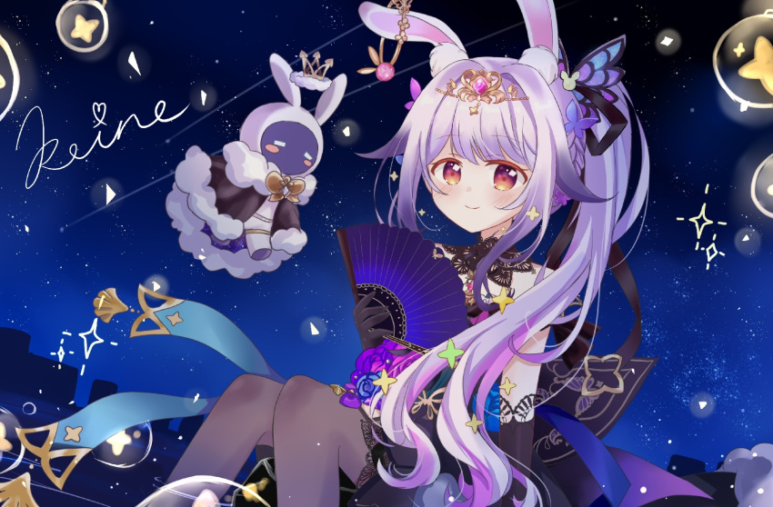 1girl, animal_ear_fluff, animal_ears, artist_name, black_dress, black_gloves, blush, bow
