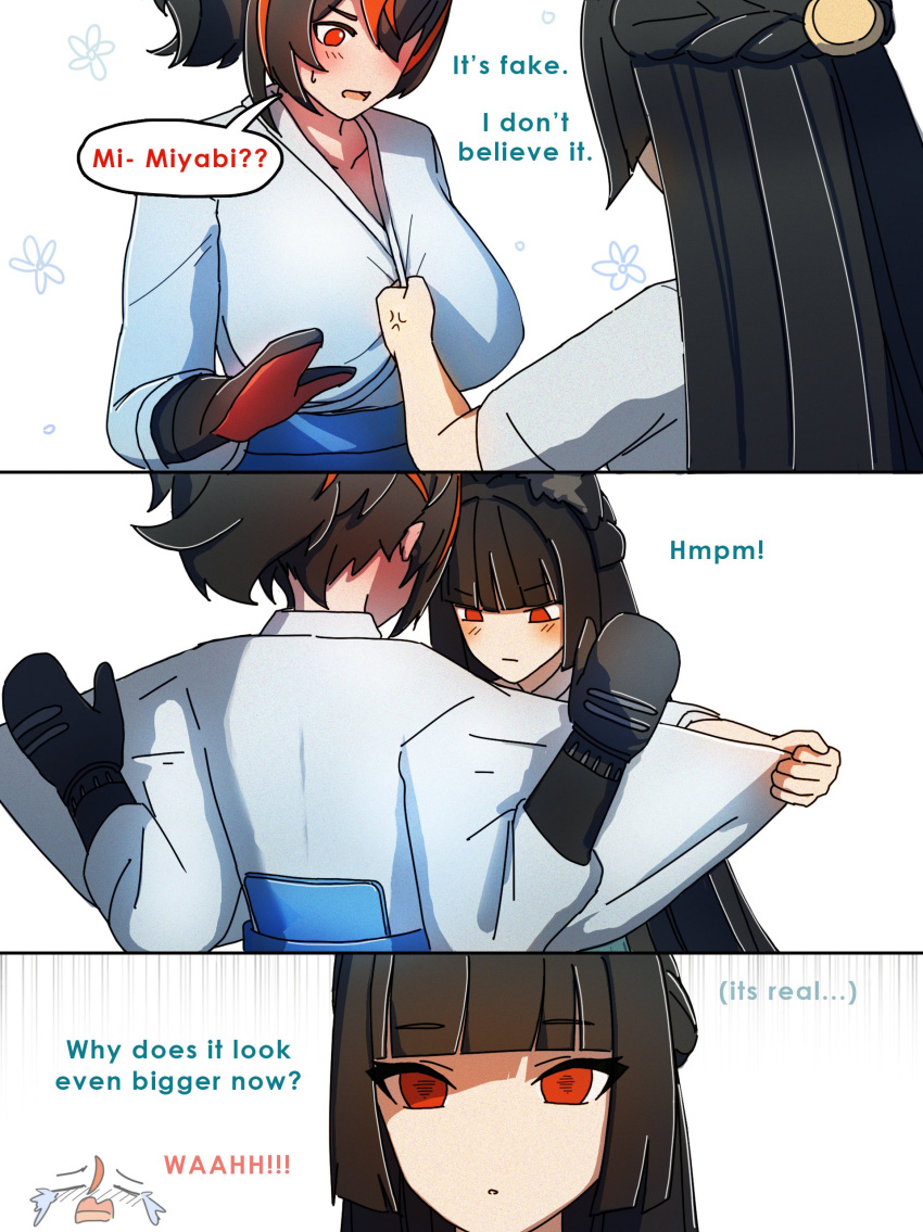 2girls, absurdres, angry, animal_ears, black_hair, blank_stare, blush, breast_envy, breasts, dorahdew, english_commentary, fox_ears, fox_girl, gloves, highres, hoshimi_miyabi, large_breasts, long_hair, looking_at_breasts, meme, multicolored_hair, multiple_girls, ponytail, red_eyes, red_hair, simple_background, white_background, zenless_zone_zero, zhu_yuan
