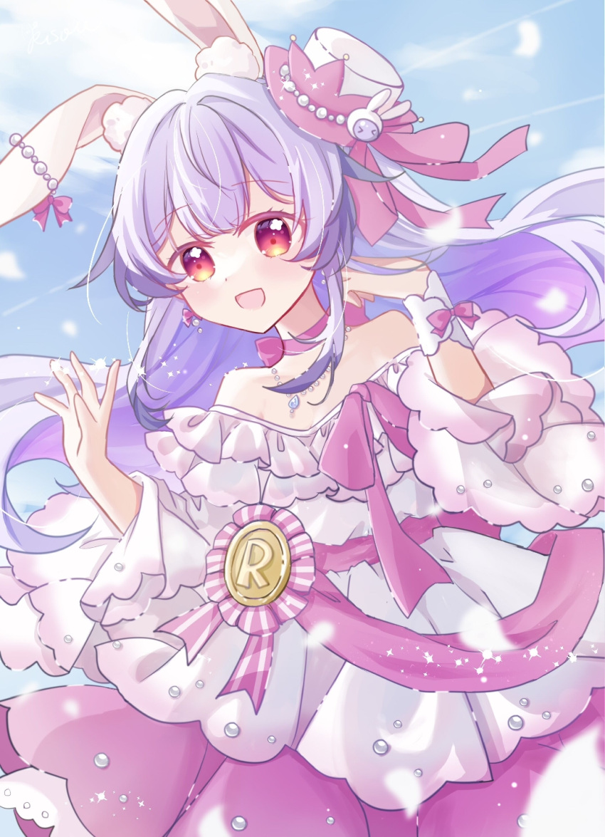 1girl, :d, alternate_costume, animal_ears, bare_shoulders, bow, choker, colored_inner_hair