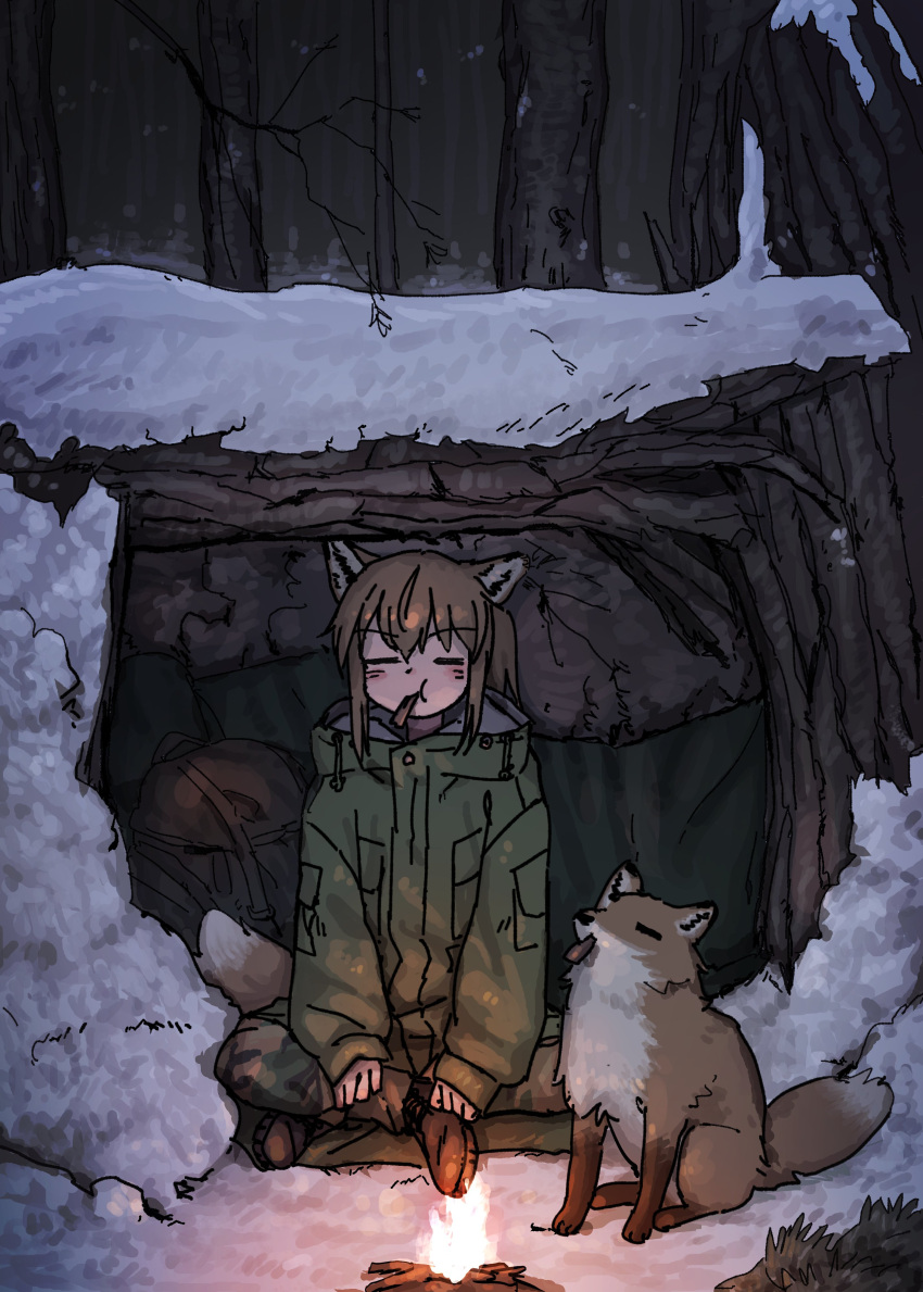 1girl, =_=, absurdres, animal_ears, backpack, bag, bonfire, brown_hair