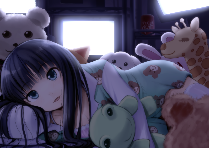 black_hair, blue_eyes, dark_room, giraffe, kami-sama_no_memo-chou, long_hair, lying, on_side
