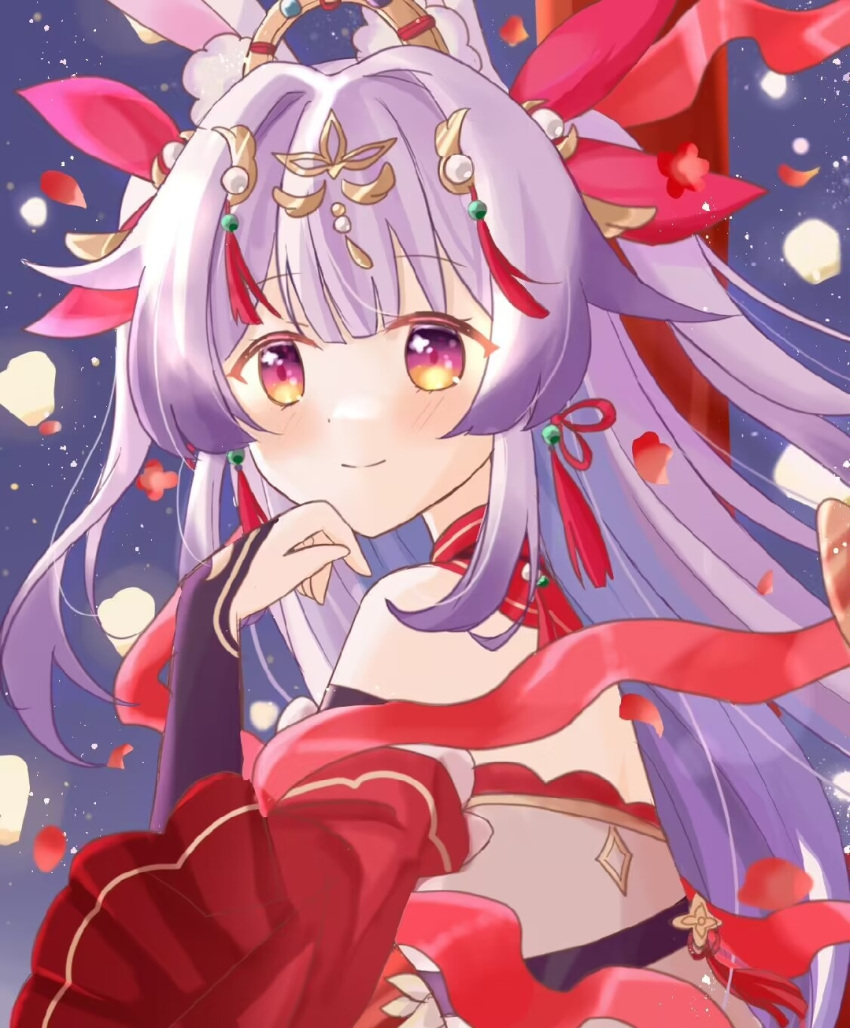 1girl, alternate_costume, alternate_hairstyle, animal_ears, bare_shoulders, blush, closed_mouth, colored_tips