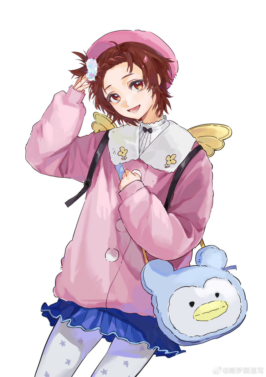 1girl, absurdres, beret, blue_skirt, braid, brown_eyes, brown_hair, hand_on_own_chest