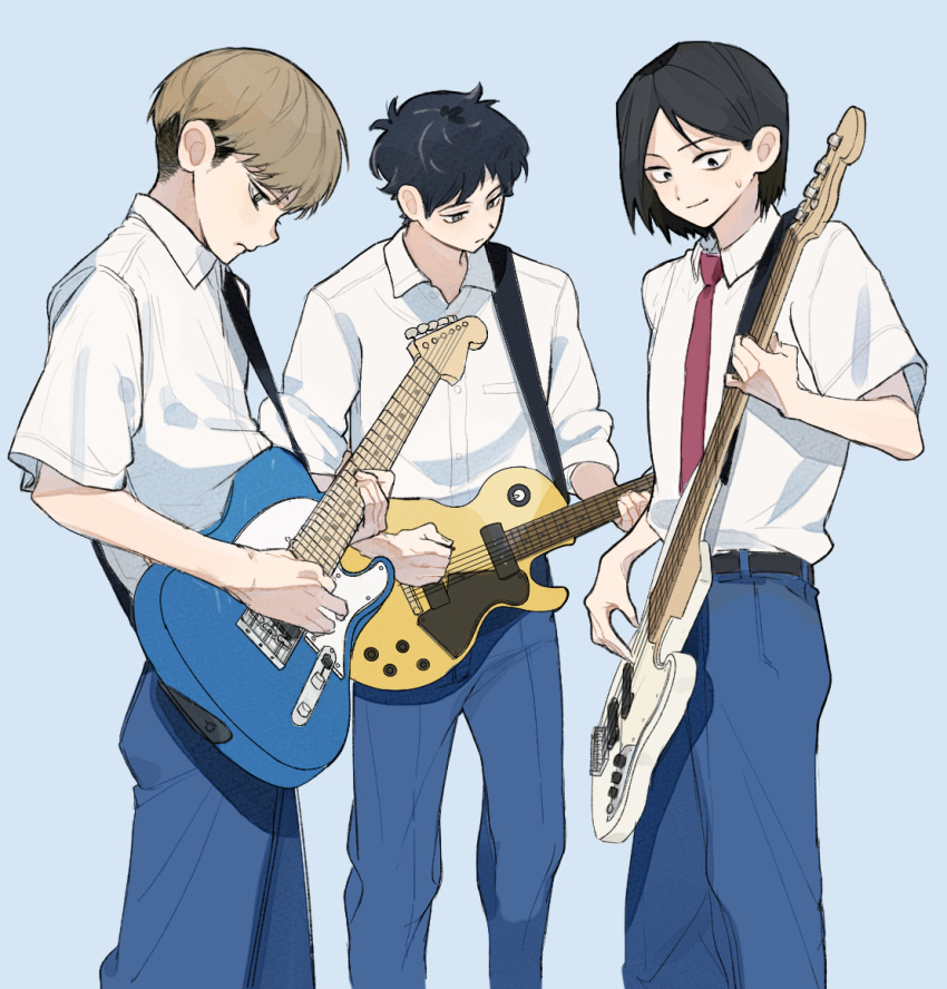 3boys, bass_guitar, belt, black_belt, black_eyes, black_hair, blue_background, blue_pants