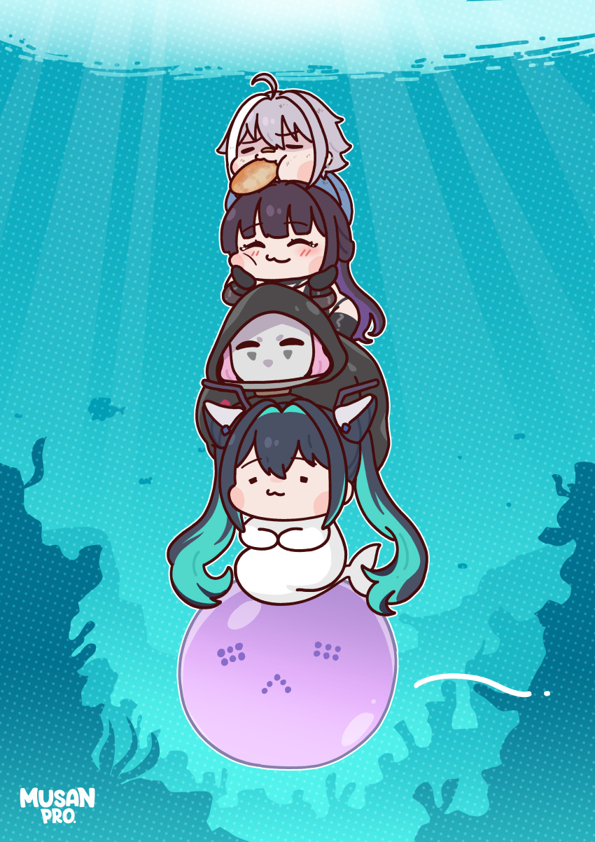 4girls, absurdres, aqua_hair, bandaid, bandaid_on_face, bandaid_on_nose, black_bodysuit, black_hair