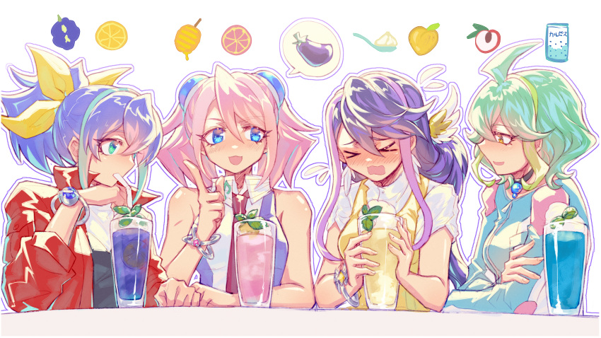 >_<, 4girls, absurdres, ahoge, blue_eyes, blue_hair, blush, bracelet
