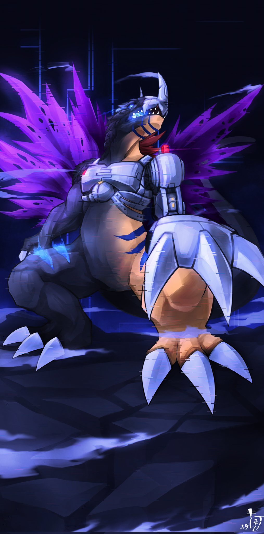 black_background, black_scales, blue_eyes, claw_(weapon), cyborg, digimon, digimon_(creature), gamr1p, godzilla_(series), highres, mechanical_arms, metalgreymon, metalgreymon_g_erosion_mode, orange_scales, purple_wings, simple_background, single_mechanical_arm, standing, torn_wings, weapon, wings