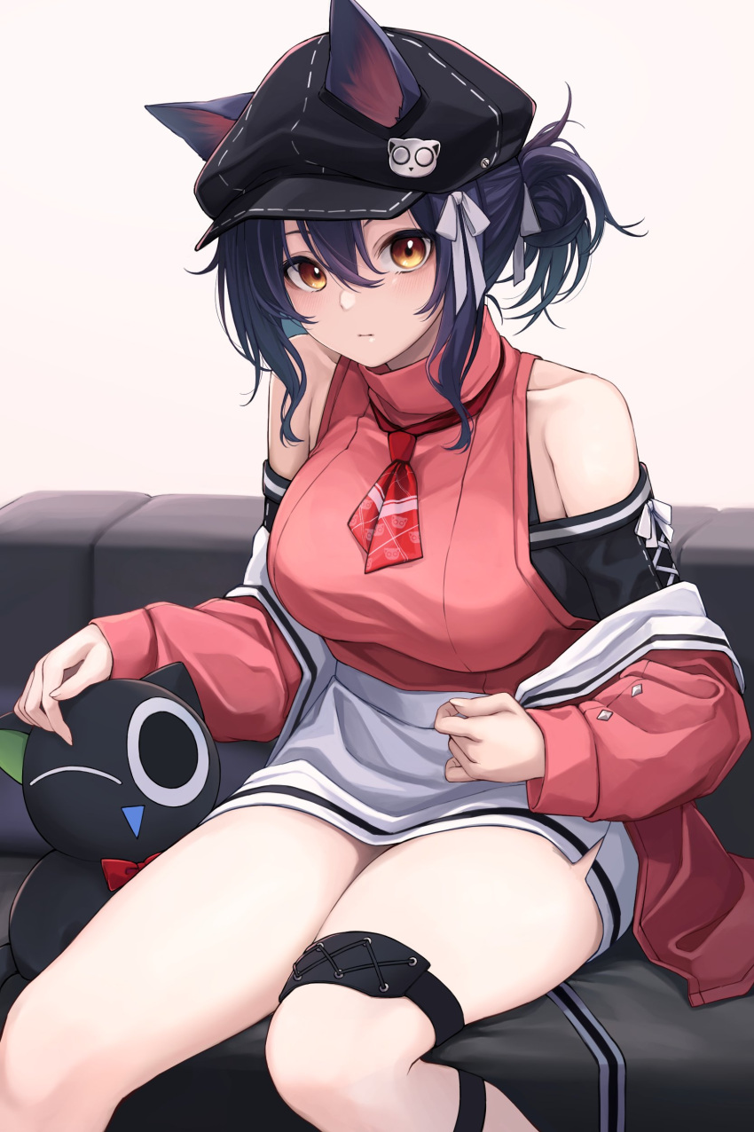 1girl, absurdres, animal_ears, arknights, asymmetrical_hair, black_hair, black_hat, breasts