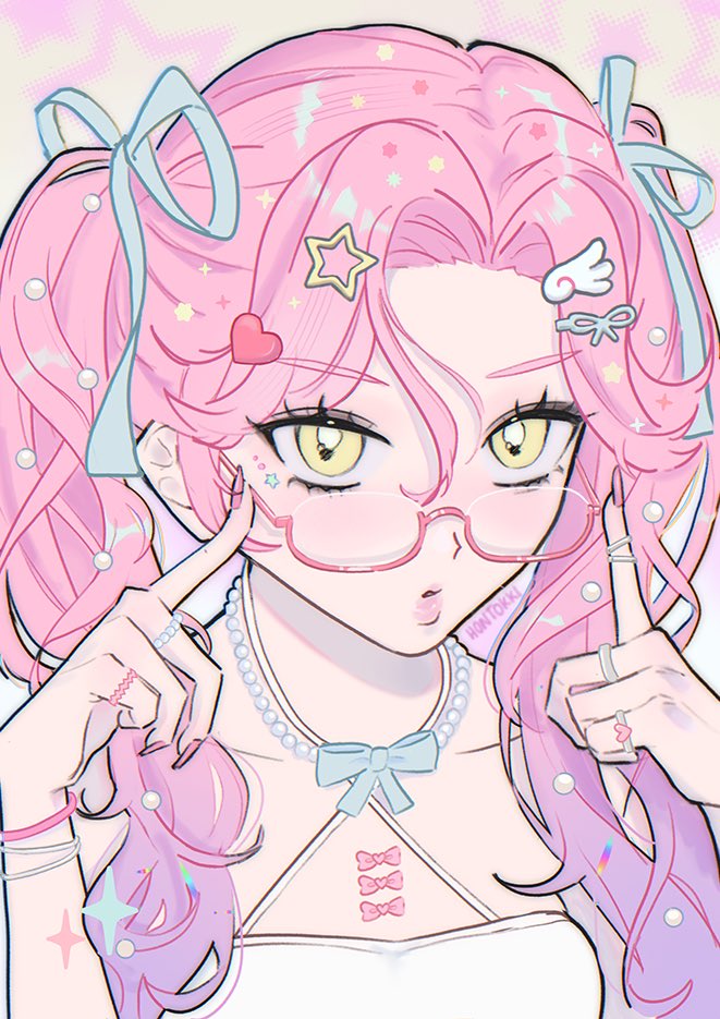 1girl, adjusting_eyewear, alien_stage, alternate_costume, blue_bow, blue_ribbon, bow, bracelet