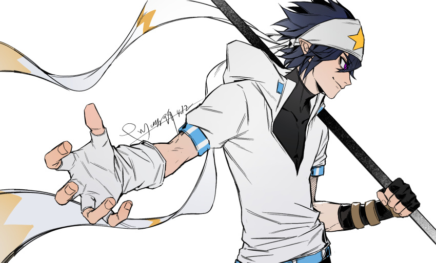 1boy, aotu_world, artist_name, asymmetrical_gloves, bandana, belt, black_gloves, black_hair