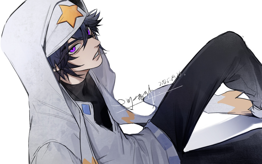 1boy, absurdres, aotu_world, artist_name, bandana, black_hair, black_pants, black_shirt