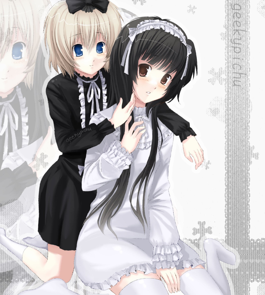 2000s_(style), 2girls, artist_name, black_bow, black_dress, black_hair, blonde_hair, blue_eyes