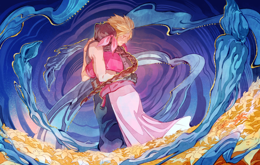 1boy, 1girl, 4threset, aerith_gainsborough, black_pants, black_shirt, blonde_hair, braid