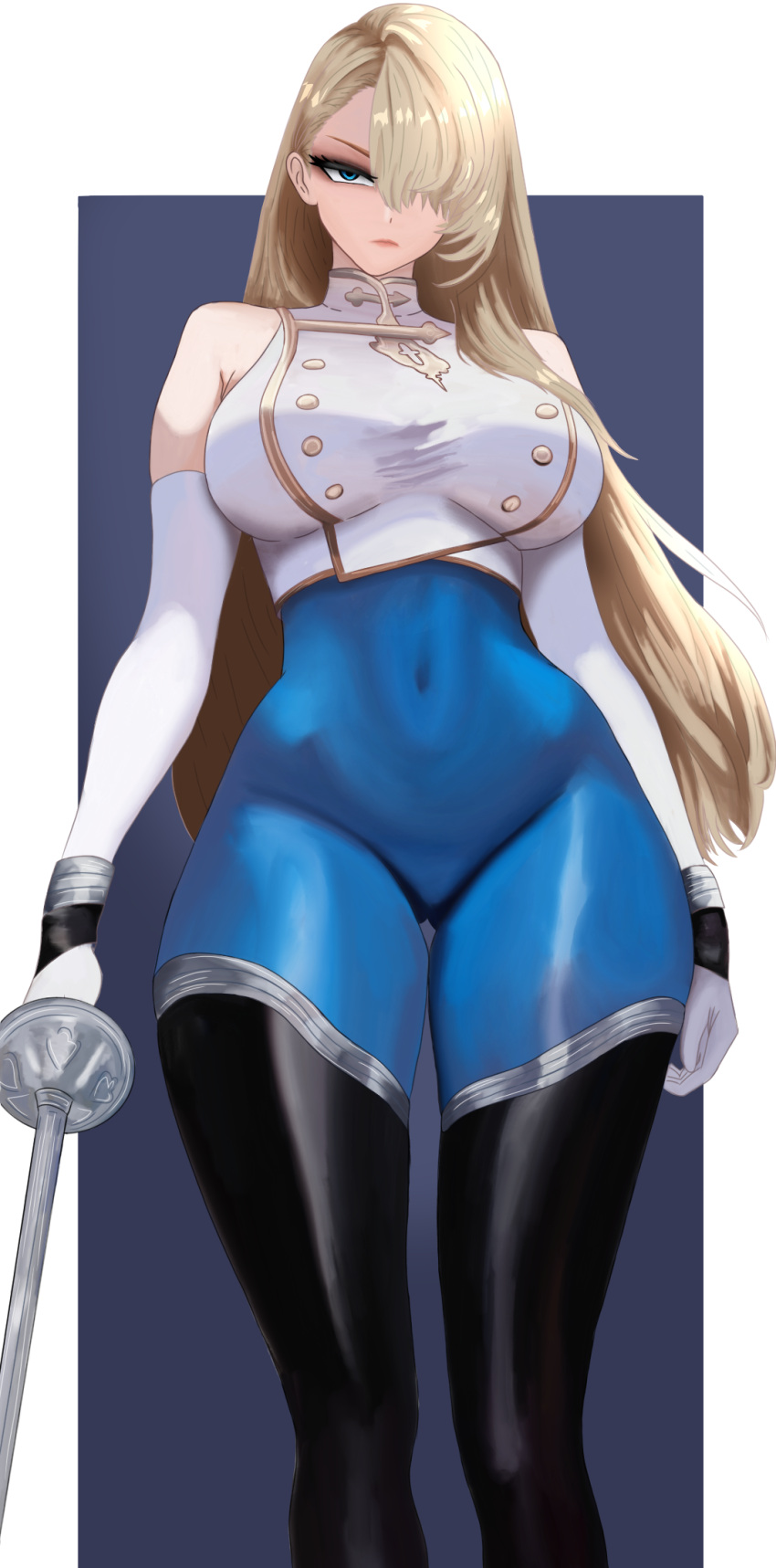 anklet, black_boots, black_gloves, black_thighhighs, blonde_hair, blue_eyes, blue_pants, boots
