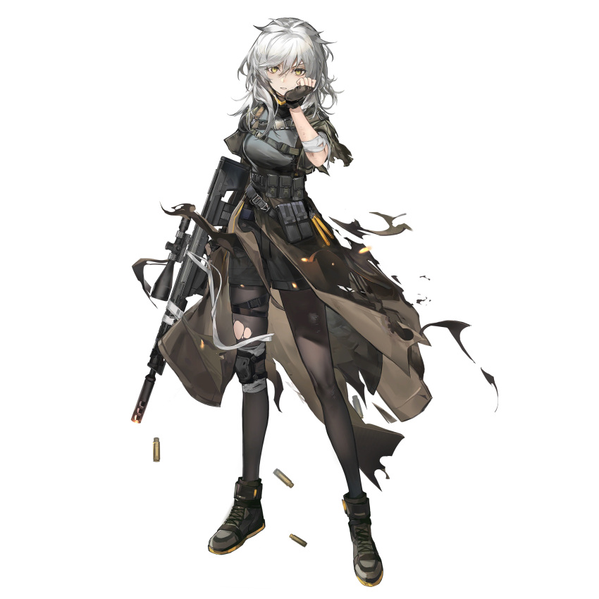 1girl, bandaged_arm, bandages, black_pantyhose, fingerless_gloves, full_body, game_cg, girls'_frontline_neural_cloud