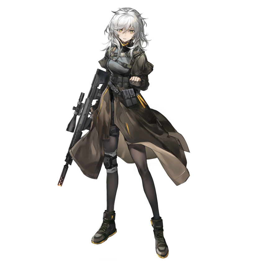 1girl, black_pantyhose, fingerless_gloves, full_body, game_cg, girls'_frontline_neural_cloud, girls_frontline, gloves, gun, highres, holding, holding_gun, holding_weapon, knee_pads, looking_at_viewer, messy_hair, official_art, olivia_(neural_cloud), pantyhose, porafree, scope, single_knee_pad, solo, standing, tachi-e, third-party_source, transparent_background, weapon, white_hair, yellow_eyes